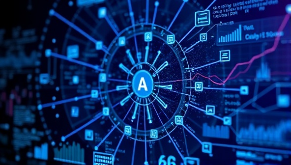 An intricate network of interconnected data points and analytics graphs displayed on a futuristic holographic interface, representing the cutting-edge AI technology and data insights provided by InsightIQ.