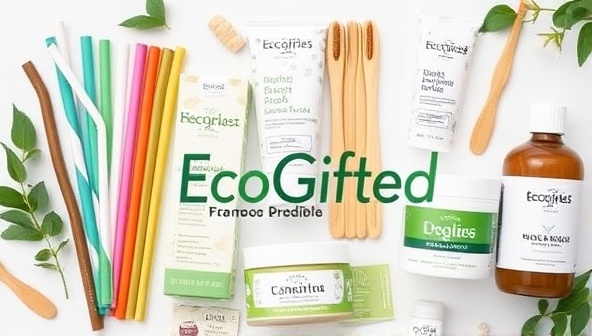 A visually appealing collage of sustainable products like reusable straws, bamboo toothbrushes, and organic skincare items, symbolizing the eco-friendly offerings on EcoGifted.