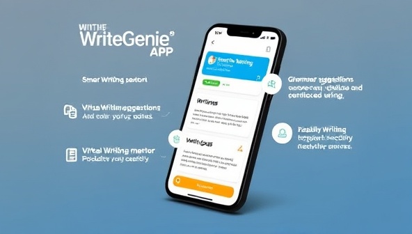 An engaging visual of a smart writing assistant app interface on a mobile device screen, showcasing features like grammar suggestions, readability scores, and writing goals, with a virtual writing mentor guiding the user through writing improvements and productivity enhancements, symbolizing creativity, innovation, and personalized support in the WriteGenie App experience.