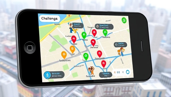 An interactive mobile app interface displaying a map with colorful markers indicating challenge locations and checkpoints around a cityscape, overlaid with animated characters embarking on exciting commute adventures, capturing the spirit of exploration and competition within CommuteQuest's platform.