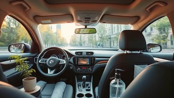 A serene car interior with natural air purifiers, soothing essential oil diffusers, and eco-friendly cleaning products, creating a tranquil and wellness-focused driving environment that promotes relaxation and health.