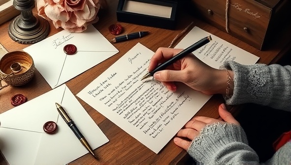 A cozy desk setup with a writer handcrafting a heartfelt letter, surrounded by elegant stationery, quill pens, and wax seals, exuding a nostalgic and romantic ambiance symbolizing personalized communication and emotional connections.