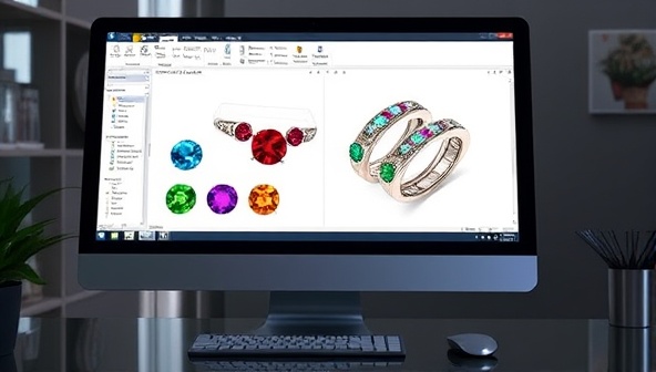 An artistic rendering of a computer screen displaying a 3D jewelry design software interface, with colorful gemstone variations and intricate details, highlighting the customization aspect of the business.