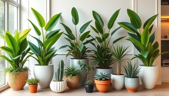 An elegant indoor setting featuring a variety of lush green plants and succulents arranged in stylish planters and decorative pots, creating a serene and vibrant botanical display, inspiring urban plant enthusiasts to bring nature indoors.