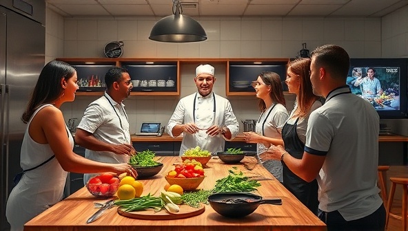 An artistic representation of a virtual kitchen setup with a professional chef guiding a group of participants through a virtual cooking class, featuring fresh ingredients, cooking utensils, and digital screens displaying cooking instructions, fostering an interactive and immersive culinary experience.