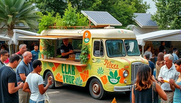 A vibrant food truck adorned with greenery and solar panels, surrounded by happy customers enjoying eco-friendly meals served in biodegradable containers, set against a backdrop of a bustling street market, emphasizing sustainability and community.