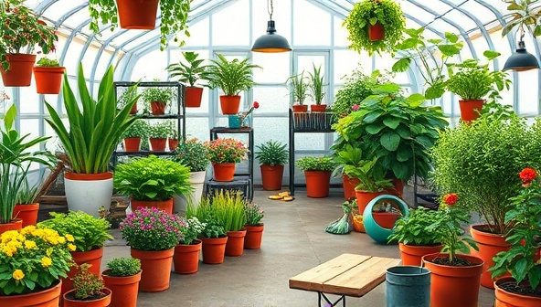 A vibrant and lush digital greenhouse setting with an assortment of potted plants, gardening tools, and plant care guides, showcasing a hands-on and educational environment for virtual plant care workshops and green thumb enthusiasts to learn, grow, and connect with nature.
