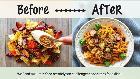 A creative and engaging social media post featuring a before-and-after image of a meal made from food scraps, highlighting the transformation from waste to a delicious dish, inspiring others to participate in the food waste reduction challenge.