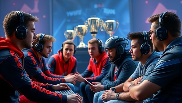 A digital artwork featuring a group of diverse amateur gamers receiving coaching and guidance from industry professionals, with gaming equipment and trophies in the background, symbolizing mentorship and growth in the eSports world.