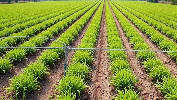 An image of a small farm field with precision irrigation lines controlled by a central smart system, showcasing the efficient use of water resources and high-tech farming practices in action.