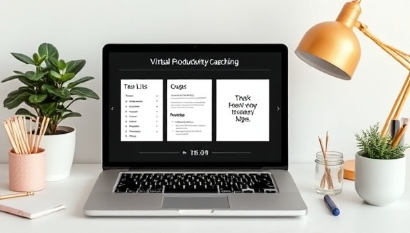 A virtual productivity coaching setup with a laptop displaying task lists, productivity apps, motivational quotes, and a timer, surrounded by office supplies and a plant, creating a focused and inspiring workspace for enhanced efficiency.