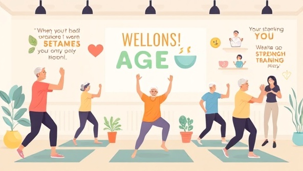An uplifting digital illustration of a virtual fitness session for seniors with participants engaging in gentle exercises, stretching routines, and strength training activities, surrounded by motivational quotes and wellness symbols, conveying a sense of vitality and active aging.
