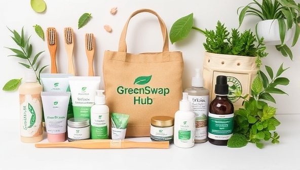 An artistic collage of various eco-friendly products like bamboo toothbrushes, reusable bags, and plant-based skincare products arranged in a visually appealing and sustainable manner, symbolizing the essence of GreenSwap Hub.