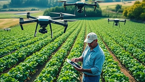 An agricultural landscape with AeroCrop Insights drones hovering over lush fields, capturing detailed images of crops, plants, and soil conditions, with a farmer examining a tablet displaying real-time data, illustrating the high-tech and data-driven approach to modern agriculture.