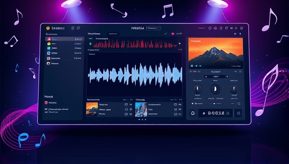 An artistic rendering of a digital interface with a sleek design, showcasing various music tracks, mixing tools, and sound effects, surrounded by creative elements like musical notes and waveforms, illustrating the platform's versatility and user-friendly interface.