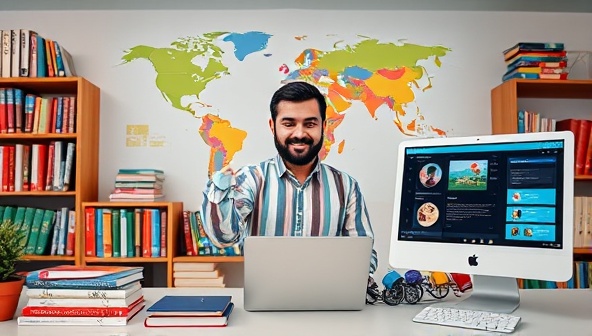A vibrant and multicultural virtual classroom setting with a language tutor conducting an engaging online lesson, diverse language books on a shelf, a world map in the background, and digital language learning tools on a computer screen, creating an immersive language learning environment.