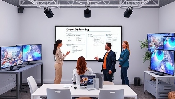 A dynamic virtual event planning studio setup with a team of consultants brainstorming ideas on a digital whiteboard, surrounded by virtual event venue mock-ups and interactive event engagement tools, portraying innovation and collaboration in remote event planning.