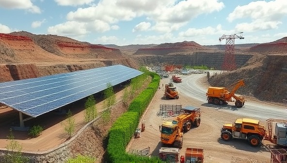 An innovative mining site with solar panels, greenery, and advanced machinery showcasing a harmonious blend of technology and nature, symbolizing sustainable mining practices.
