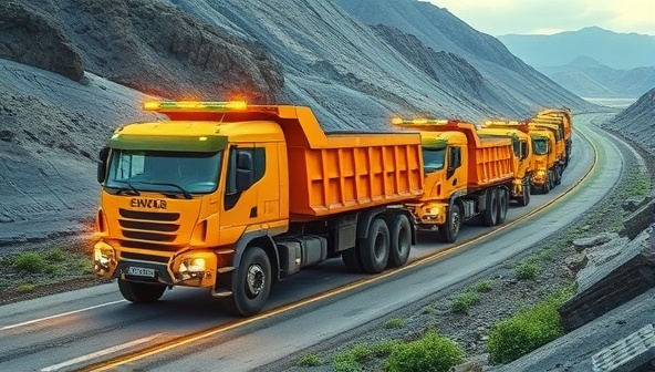 A visualization of mining trucks powered by renewable energy sources, driving along optimized green routes with reduced carbon emissions, showcasing sustainable mining supply chain solutions in action.