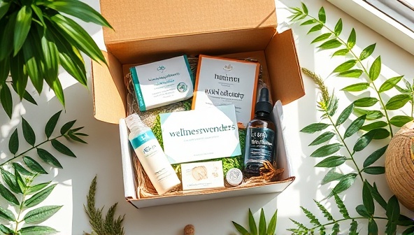 An aesthetically pleasing flat lay of a WellnessWonders Box with various wellness products spilling out, surrounded by greenery and natural light, evoking a sense of tranquility and self-care.