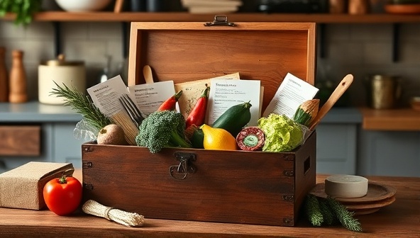 An elegant wooden box overflowing with fresh ingredients, recipe cards, and culinary tools, set against a backdrop of a cozy kitchen environment, evoking a sense of culinary adventure and gourmet experience.