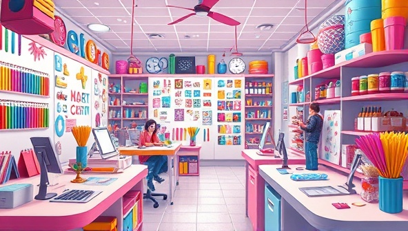 An artistic digital illustration capturing a virtual crafting studio filled with colorful craft supplies, tools, and avatars immersed in crafting activities, showcasing a vibrant and creative crafting environment in CraftopiaBox, where imagination and artistry come to life.