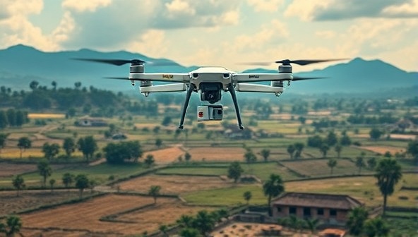 An engaging visual showcasing a drone flying over picturesque rural landscapes, delivering a package to a smiling recipient in a remote village, highlighting the convenience and reliability of SkyDrop Express's drone delivery service in hard-to-reach areas.