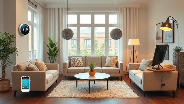 An inviting living room setting with modern, energy-efficient smart devices like smart thermostats, LED lighting, and solar-powered chargers, illustrating a comfortable and sustainable home environment.