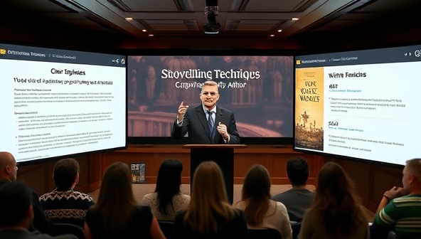A virtual masterclass setting with a renowned author delivering a captivating lecture on storytelling techniques, surrounded by digital screens displaying writing examples, interactive polls, and a chat box for participant engagement, creating an immersive and educational experience for writers attending the session.