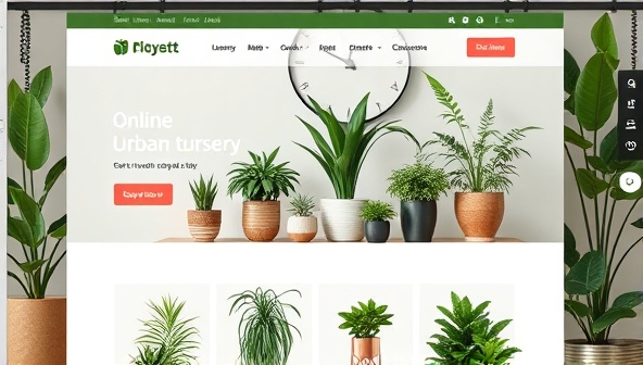 An aesthetically pleasing online plant nursery website interface showcasing a variety of lush plants, stylish planters, and plant care tools, set against a backdrop of urban jungle decor, conveying a sense of natural elegance and serenity.
