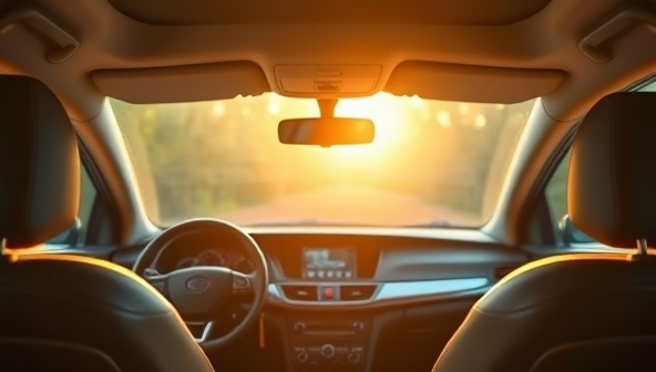 An image of a tranquil car interior with soft lighting, an air purifier in action, and soothing aromatherapy scents diffusing, creating a peaceful and serene ambiance for a stress-free driving experience.