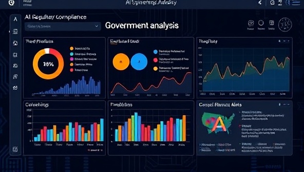 An AI interface displaying real-time regulatory compliance analysis for a government agency, with data visualizations, trend predictions, and compliance alerts, showcasing the seamless integration of AI technology into regulatory governance for enhanced oversight and efficiency.