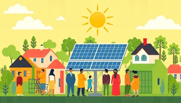 An engaging graphic showcasing a diverse community sharing solar energy from a centralized solar panel array, symbolizing collaboration, sustainability, and shared benefits.