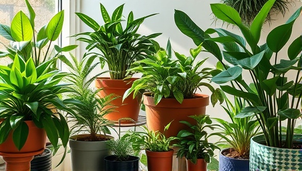 An aesthetic display of lush indoor plants in various pots and planters, arranged in a harmonious botanical setting with natural light streaming in, creating a serene and green oasis that inspires plant care and nurturing in living spaces.