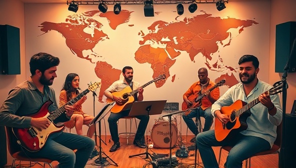 An inspiring visual of musicians from different parts of the world collaborating on a virtual music project, playing instruments, singing, and producing music together in a virtual studio, showcasing the power of music to connect people across borders and genres.