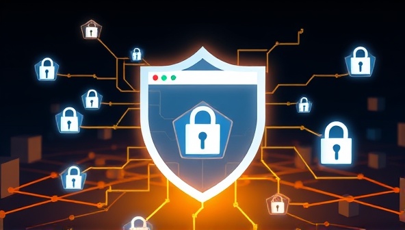 An abstract representation of interconnected blocks forming a shield around a website, symbolizing the blockchain-powered security provided by BlockHost Secure, with digital lock icons and shield overlays for added security visual cues.