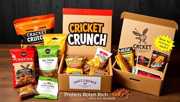 An eye-catching product display of Cricket Crunch Crate subscription boxes filled with assorted insect snacks, a playful and adventurous branding logo, and a tagline emphasizing sustainability and protein-rich benefits, conveying a sense of innovation, boldness, and eco-conscious snacking.