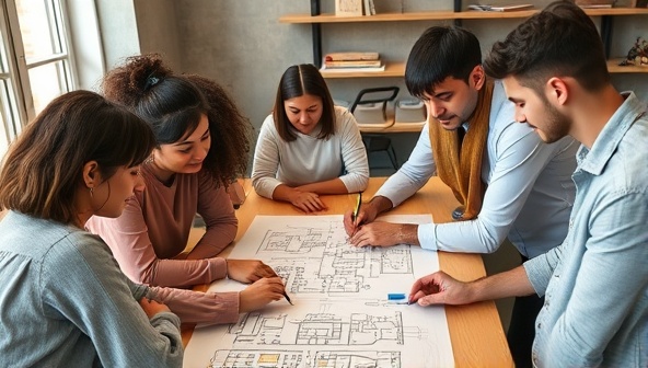 An image of a diverse group of individuals of different ages and backgrounds gathered around a table, sketching architectural designs and discussing ideas, fostering a collaborative and creative atmosphere.