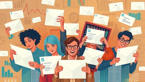 An artistic representation of a personalized print campaign in action, featuring a diverse set of recipients receiving customized mailers with their names and preferences, surrounded by data visualization elements, symbolizing the fusion of data insights with print marketing creativity.