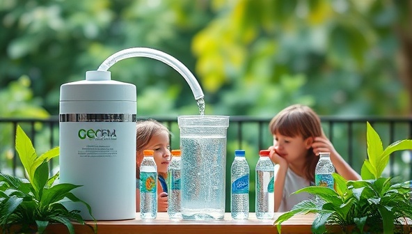 A captivating visual featuring a family enjoying clean, filtered water from a sustainable filtration system, surrounded by lush greenery and reusable water bottles, symbolizing a commitment to eco-conscious living and healthy hydration habits.