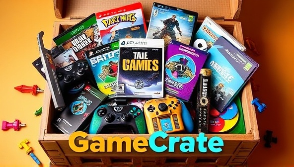 A colorful and vibrant image of a diverse collection of gaming items spilling out of an open crate, including game discs, controllers, action figures, and gaming-themed merchandise, conveying the excitement and variety of the GameCrate subscription service.