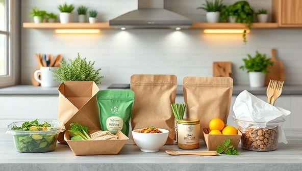An assortment of eco-friendly food packaging products displayed in a modern kitchen setting, featuring compostable containers, biodegradable utensils, and recyclable materials, exuding a blend of innovation and sustainability in food packaging solutions.