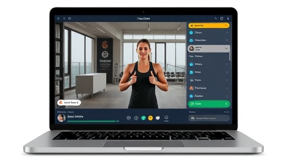 A virtual fitness session screen featuring a coach guiding participants through a workout, with motivational messages and progress trackers, showcasing the interactive and engaging nature of the virtual fitness coaching platform.