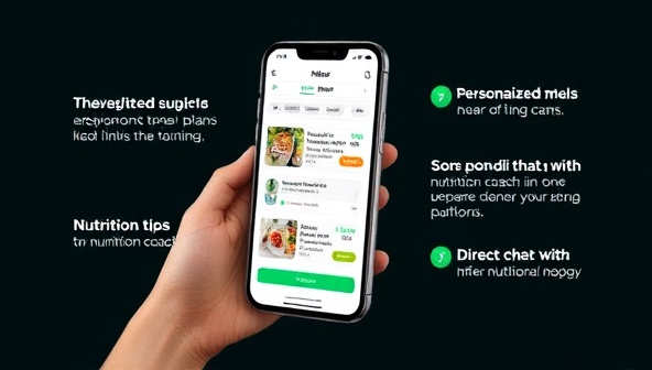 An engaging visual of a smartphone screen displaying the NutriLink app interface, with personalized meal plans, nutritional tips, and a direct chat feature with a nutrition coach, illustrating user-friendly technology and expert guidance in one platform.