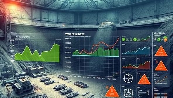 A futuristic visualization illustrating a mining operation equipped with IoT sensors and data analytics software, displaying real-time ore grade monitoring charts and alerts, symbolizing the cutting-edge technology of GradeSensePro.