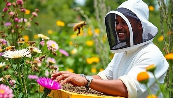 An engaging tour guide in a beekeeping suit, surrounded by buzzing bees and colorful flowers, demonstrating the hands-on experience and educational aspect of urban beekeeping tours.