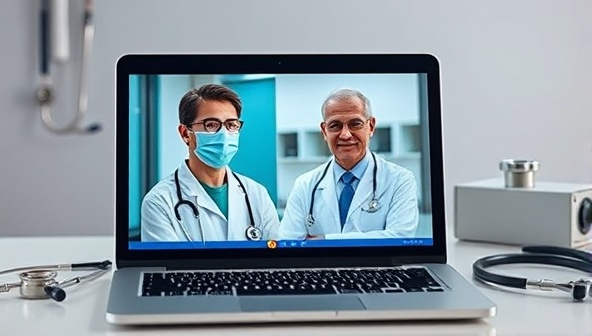 A laptop with a doctor on a video call with a patient, showcasing a modern and convenient telemedicine consultation, with medical instruments subtly placed in the background.