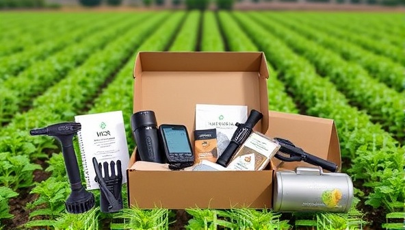 A modern and sleek subscription box design featuring an array of high-tech agricultural gadgets, tools, and resources neatly arranged against a backdrop of a flourishing farm field, symbolizing innovation and efficiency in farming practices.