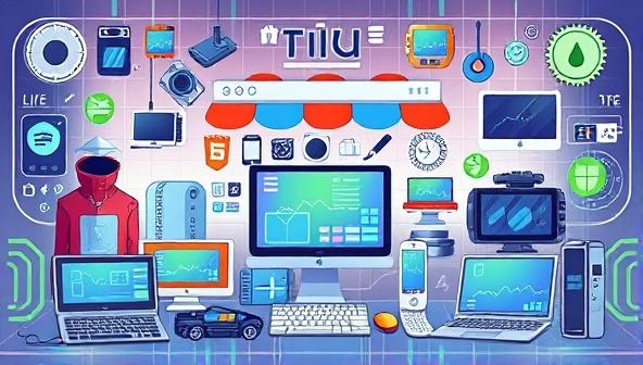 A digital illustration featuring a diverse selection of refurbished tech gadgets and devices displayed on a virtual marketplace interface, surrounded by futuristic tech elements and green eco-friendly symbols, highlighting the concept of tech sustainability and reuse in the digital age.