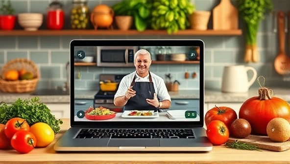 A vibrant virtual kitchen setting with a chef teaching a virtual cooking class on a laptop screen, surrounded by fresh ingredients and cooking utensils, creating an immersive and interactive cooking experience.